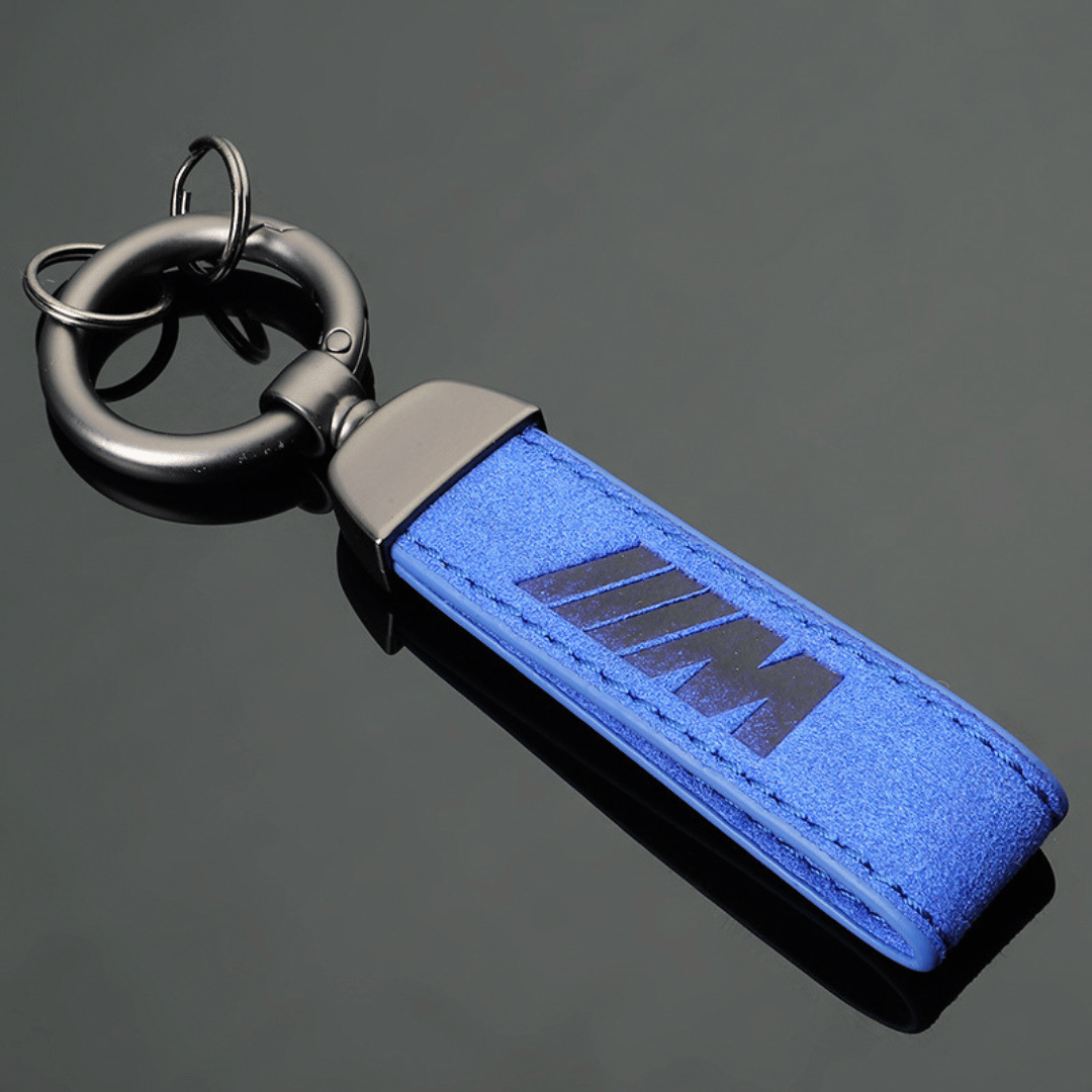 Blue M suede keychain