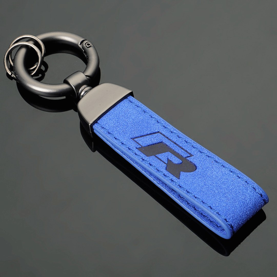 Blue R suede keychain
